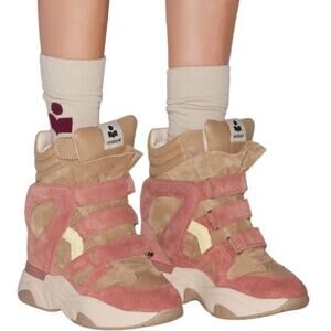 New Isabel Marant Balskee Wedge Calf Leather Sneakers Beige Pink Size 36